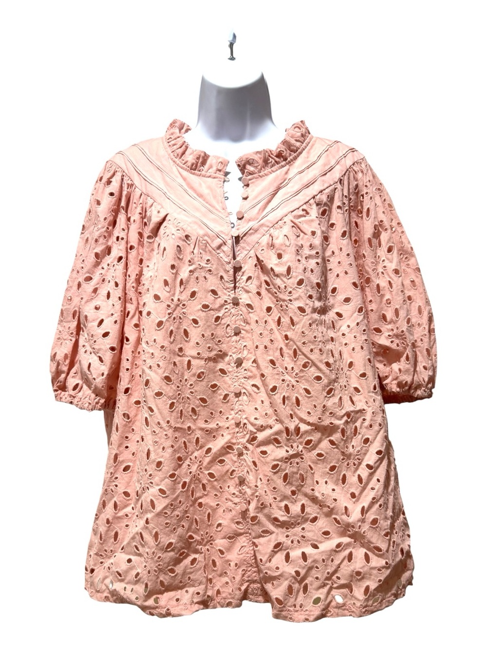 PrettyGarden XXL Apricot Eyelet Lace Peasant Blouse Boho Cottagecore Top